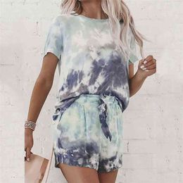 Summer Tie Dye Pyjama Set Women Loungewear Lounge Ladies Short Sleeve Sleep Wear Sleepwear Homewear Female 210809