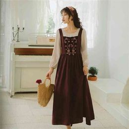 Maxi Floral Embroidery Cotton Women Dress Spring Summer O-neck Prairie Chic Full Sleeve Ankle-length Long Dresses 210603