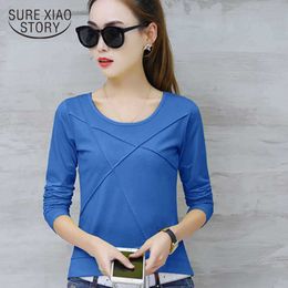 O-neck Long Sleeve Shirt Women Plus Size Cotton T-shirt Autumn Slim Casual Solid Office Lady Korean Clothes 10713 210527