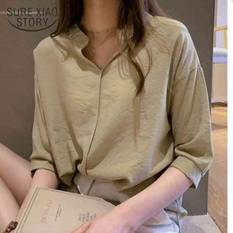 Summer Pullover Ladies Tops Blusas Plus Size Solid Elegant Chiffon Shirt Office Casual Loose V Neck Blouse Women 9998 210415
