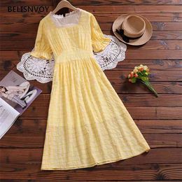 Mori Girl Summer Women Midi Dress Lace Square Collar Yellow Purple Plaid Elegant Flare Sleeve Femininos Party Vestidos 210520