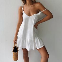 Summer Dresses Women Off Shoulder Spaghetti Strap White Shift Dress Ruffle Sexy Sundress Mini Cotton Linen Beach Dress Vestidos 210521