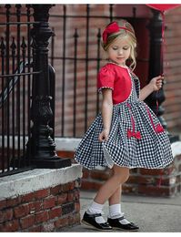 Summer Girls Dress Plaid Bow Lace Sling Sleeve Student Party Princess Kids Children's Clothing 210515