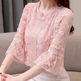 Women Summer Women's Clothing Hollowed Out Print Ruffle Lace Seven-quarter sleeve Blouses Shirt Sexy Female 809F6 210420