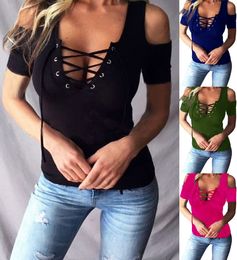 Women Top Blouses Lace Up Off-Shoulder Slim Fit Pullover Shirt Tee Ladies Summer Solid Short Sleeve Blusa Feminina Plus Size 5XL XS