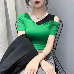 Women's Boat Neck Short Sleeve T-shirt Sexy Slim Fashion Skew Collar Half Small Shirt Korean Female Tops PL006 210506