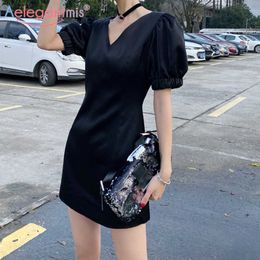 Aelegantmis Korean Casual Office Lady Sexy Short Sleeve Dress Women Bodysuit Shorts Female V Neck Elegant Mini Chic 210607