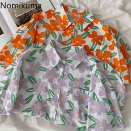 Nomikuma Blouse Women Korean Style Flower Pattern Short Sleeve Shirts Turn Dowm Collar Single Breasted Loose Tops Blusa 210514
