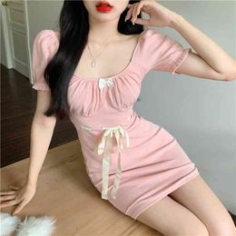 Lace Pink Girl's Cute Sexy Dress Waist Hugging Slimming French Summer Style Temperament 210529