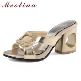 Meotina Women Shoes Crystal High Heels Slippers Round Toe Slides Lady Cutouts Thick Heel Sandals Summer Golden Sliver Size 3-12 210608
