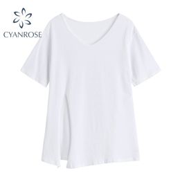 Loose White&Black T Shirt Or Tops Women Irregular Spliced Fashion Short Sleeve Summer Tees Female Korean Streetwear OL Lady 210515
