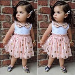 New Summer Cute Baby Kids Girls Princess Bow tie Pink Polka Dot Sequins Tulle Tutu Casual Summer One-pieces Dress Q0716