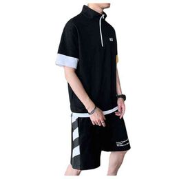 2021 Summer New Korean Fashion Short-Sleeved Jacket And Shorts Sports Leisure Two-Piece Suit Male Polyester Fiber M-3XL G220224