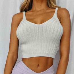 Spring Summer black Top women Sexy V-neck Solid Colour Strap Short Tops crop top womens Knitted halter Camis 210508