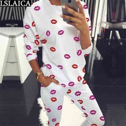 Women sets clothes long sleeve round neck tops&long pants lips print casual women pullover elegant sport 2 piece 210515