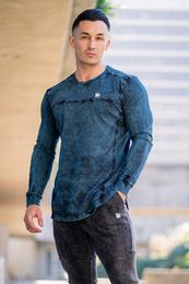 Men's T-Shirts spring and autumn sports leisure shirts muscle fitness tops pure cotton breathable washed denim long-sleeved printed T-shirt M-3XL Casual simple style