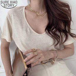 Korean Solid Short Sleeve Basic T-Shirt Women Summer Simple Woman Tshirts Tee Shirt Tops Cotton Bottoming T-shirt 14230 210527