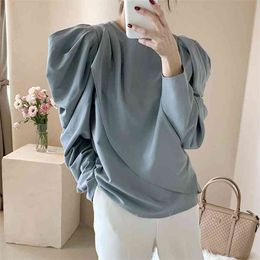 Autumn All-match Haze Blue Round Neck Wrinkle Design Back Single-breasted Puff Sleeve Shirt Top Women GX1319 210507