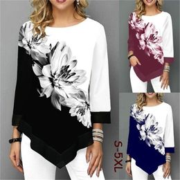 S-5XL Women T-Shirt Elegant Floral Print Loose Three Quarter Ladies Tee Shirts Casual Female Irregular Autumn Tops Plus Size 210522