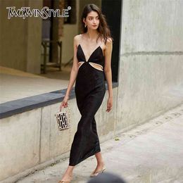 Patchwork Pearl Hollow Out Women Dress V Neck Sleeveless High Waist Maxi Sling Dresses Female Fashion 210520