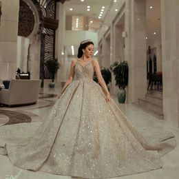 Stunning Spaghetti Ball Gown Wedding Dresses Crystal Beading V Neck Sequins Custom Made Bridal Gowns vestido de novia