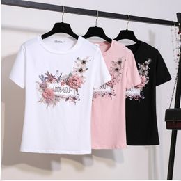 Summer Embroidery Sequined Flower Appliques Letter T-Shirts Women O-Neck Short Sleeve Girl Tops Floral Tee Shirt 210416
