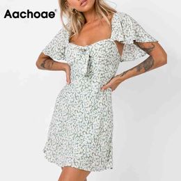 Summer Floral Print Sexy Mini Women Bow Tie Flare Short Sleeve Party Dress Square Collar Backless Chic Dresses 210413