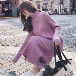 Arrival Winter Knitted Sweater Dress Women Long Sleeve Turtleneck Midi-length Solid Loose Fashion Korean Vestidos 210513