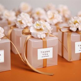 10/20/50pcs Transparent Gift Bags Thank You Artificial Flower Ribbon Wedding Souvenirs for Guests Matte Dragees Box for Baptism 211108