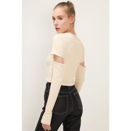 Fashion Chic Crop Top Women O Neck Casual Knitted Beige Solid Long Sleeve Slim Tunic Hollow Out Tee Shirts Streetwear 210422