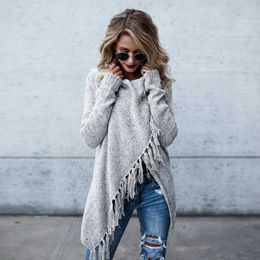 Oversized Fringed Shawl Grey Pullover Spring Autumn O-Neck Loose Long Sweaters Streetwear Warm Outerwear 210922