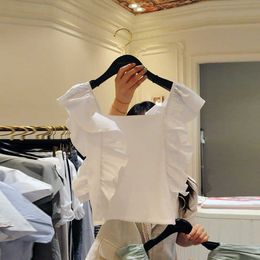 Summer Style Ruffle Slim Square Collar Sleeveless T-shirt Sweet Fashion Women Tops 210615
