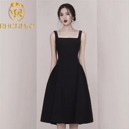 Arrivals Summer Office Lady Sling Square Neck Retro temperament Backless Women Party Club A Line Midi Black Dress 210506