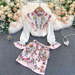Summer 2 Piece Set Women Elegant Floral Print Flare Sleeve Ruffles Blouse Shirt Mini Pencil Skirt Suits Outfits 210603