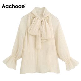 Aachoae Elegant Dot Embroidery Beige Blouse Women Bow Tie Neck Vintage Shirt Flare Long Sleeve Chic Lace Mesh Ladies Tunic Tops 210413