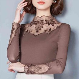 Embroidery Women Mesh Lace Blouses Shirts See Through Style Spring Autumn Long Sleeve Turtleneck Collar Blusas DD1491 210401