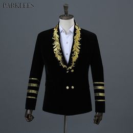 Men's Gold Embroidery Double Breasted Velvet Suit Jacket Brand Shawl Collar Military Style Party Stage Blazer Masculino 210522