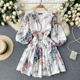 Women Fashion Spring Wear V Neck Long Sleeve Elegant Printed Corset Short A-line Dress Vintage Korean Vestidos S478 210527