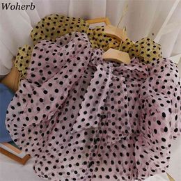 Polka Dot Shirt Women Summer Korean Blusas Mujer Loose Chic Chiffon Blouse O Neck Bow Single Breasted See Through Tops 210519