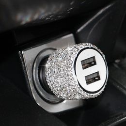 Mini Bling Diamond Metal Double Dual USB Car Chargers Charging Aluminium Alloy + ABS Charger 5 Colours 100pcs