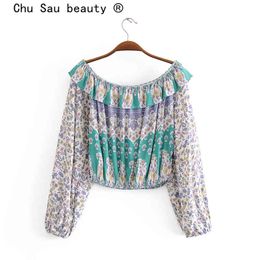 Chu Sau beauty Fashion Boho Vintage Print Long Sleeve Crop Tops Holiday Style Ruffles O-neck Ladies Short Blouses 210508