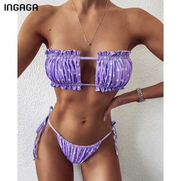 INGAGA Bandeau Bikinis 2021 Swimsuit Women Swimwear Micro Thong Bikini Set Leopard Pleated Biquini Beachwear for Bathing Suits Y0820