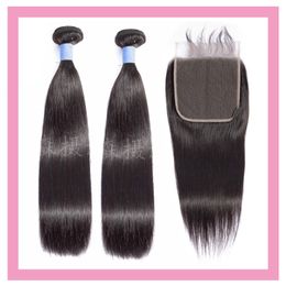 Brazilian Human Virgin Hair Straight 2 Bundles With 6*6 Lace Closure Free Middle Three Part 16-28inch Double Wefts
