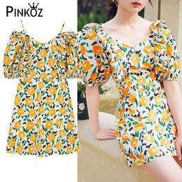 floral printed puff sleeve short mini dress for women summer holiday beach ruched casual young lady dresses vestidos chic 210421