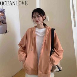 Candy Color Sudadera Zip-up Solid Hooded Sweatshirts Autumn School Fashion Women Hoodies Korean 18703 210415