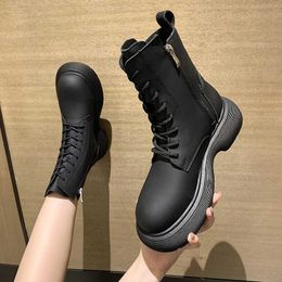 Boots Women New 2021 Shoes Lace Up Round Toe Winter Footwear Autumn Ankle Rubber Rock Lolita Med Ladies PU Hoof Heels Riding Lac Y1018