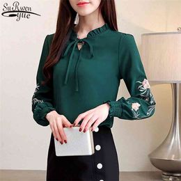 Fashion Womens Tops and Blouses Plus Size 4XL Floral Embroidery Chiffon Blouse Women Long Sleeve Women's Shirt 1645 210427