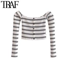 Women Fashion With Buttons Striped Knit Cropped T Shirt Vintage Slash Neck Long Sleeve Female Tee Tops Mujer 210507