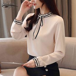 Camisas Mujer Fashion Bow Solid Shirt Women's Chiffon OL Slim Fit Long Sleeve Pullover Blouse Women Tops 6697 50 210508