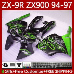 OEM Bodywork For KAWASAKI NINJA ZX-9R ZX 9R 9 R 900 CC ZX-900 1994-1997 Bodys Green Flames 100No.165 ZX9 R ZX900 ZX900C 1994 1995 1996 1997 900CC ZX9R 94 95 96 97 Fairing Kit